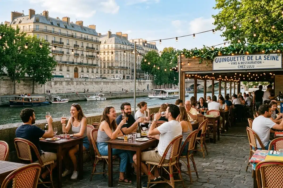 Guinguette bord de Seine à Paris, terrasse animée avec clients Terrasse animée d'une guinguette sur les berges de la Seine à Paris, immeubles haussmanniens en arrière-plan, ambiance conviviale d'été