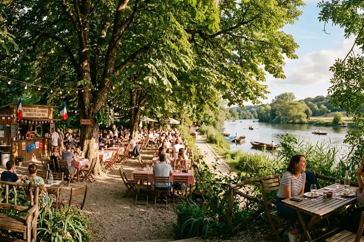 Guinguette au bord de la Marne, terrasse ombragée sous les arbres Guinguette champêtre au bord d'une rivière, terrasse ombragée sous les arbres, atmosphère bucolique d'été