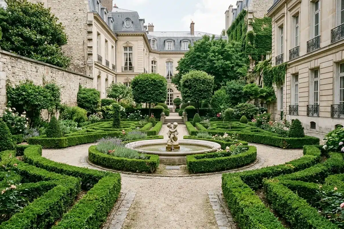 Jardin à la française confidentiel au coeur de Paris, fontaine centrale et haies de buis géométriques