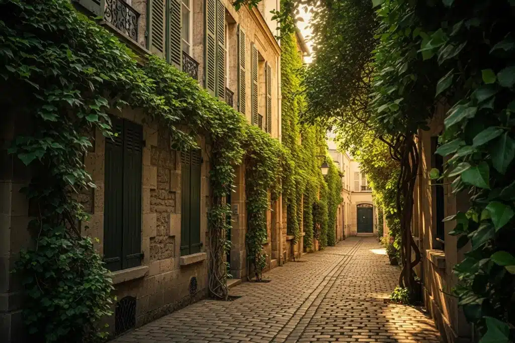 Lieux secrets de Paris : ruelle pavée étroite avec murs en pierre couverts de lierre et lumière dorée