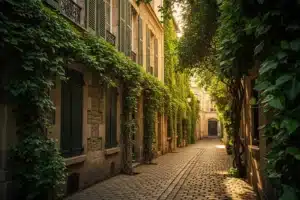 Lieux secrets de Paris : ruelle pavée étroite avec murs en pierre couverts de lierre et lumière dorée