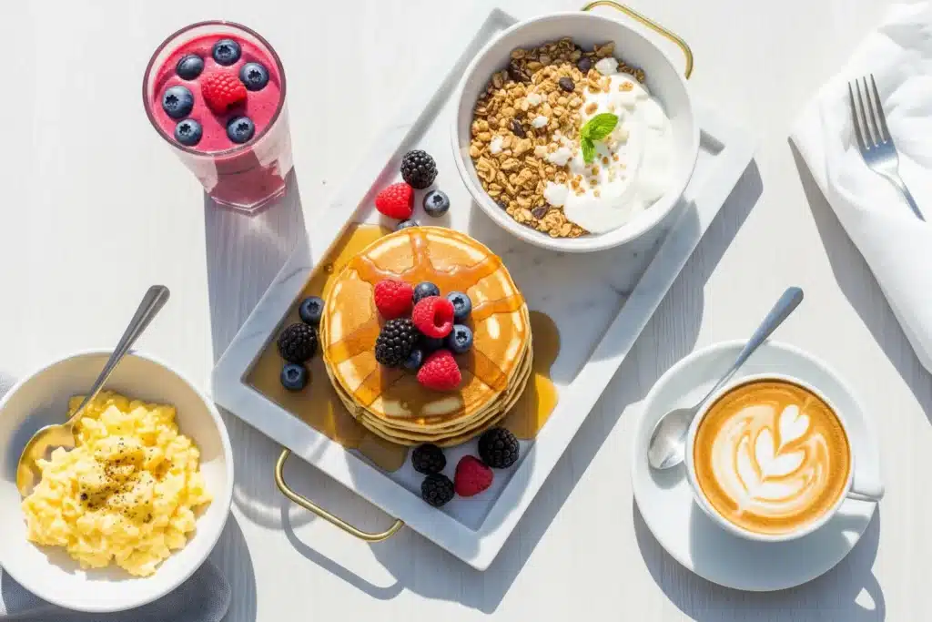 Brunch parisien vu de dessus : pancakes aux fruits rouges, oeufs brouillés, granola, cappuccino et smoothie