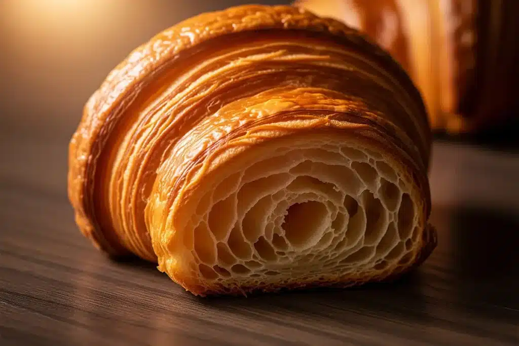 Croissant au beurre doré sur comptoir bois sombre, feuilletage aéré visible en coupe, meilleur croissant de Paris