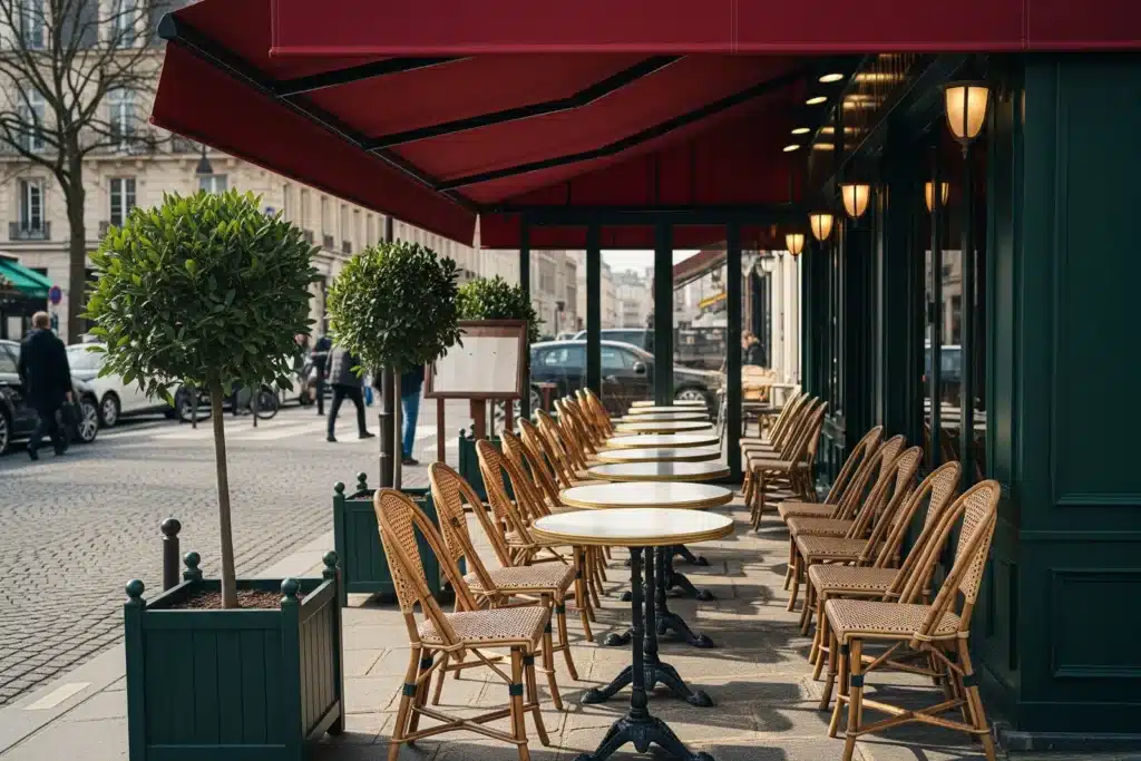 Meilleur restaurant à Paris : terrasse d'un bistrot parisien avec store rouge et chaises en rotin
