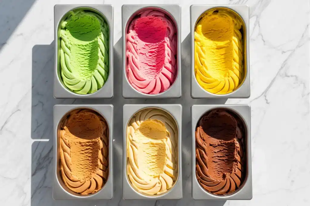 Bacs de glaces artisanales colorées sur comptoir en marbre blanc, meilleure glace de Paris