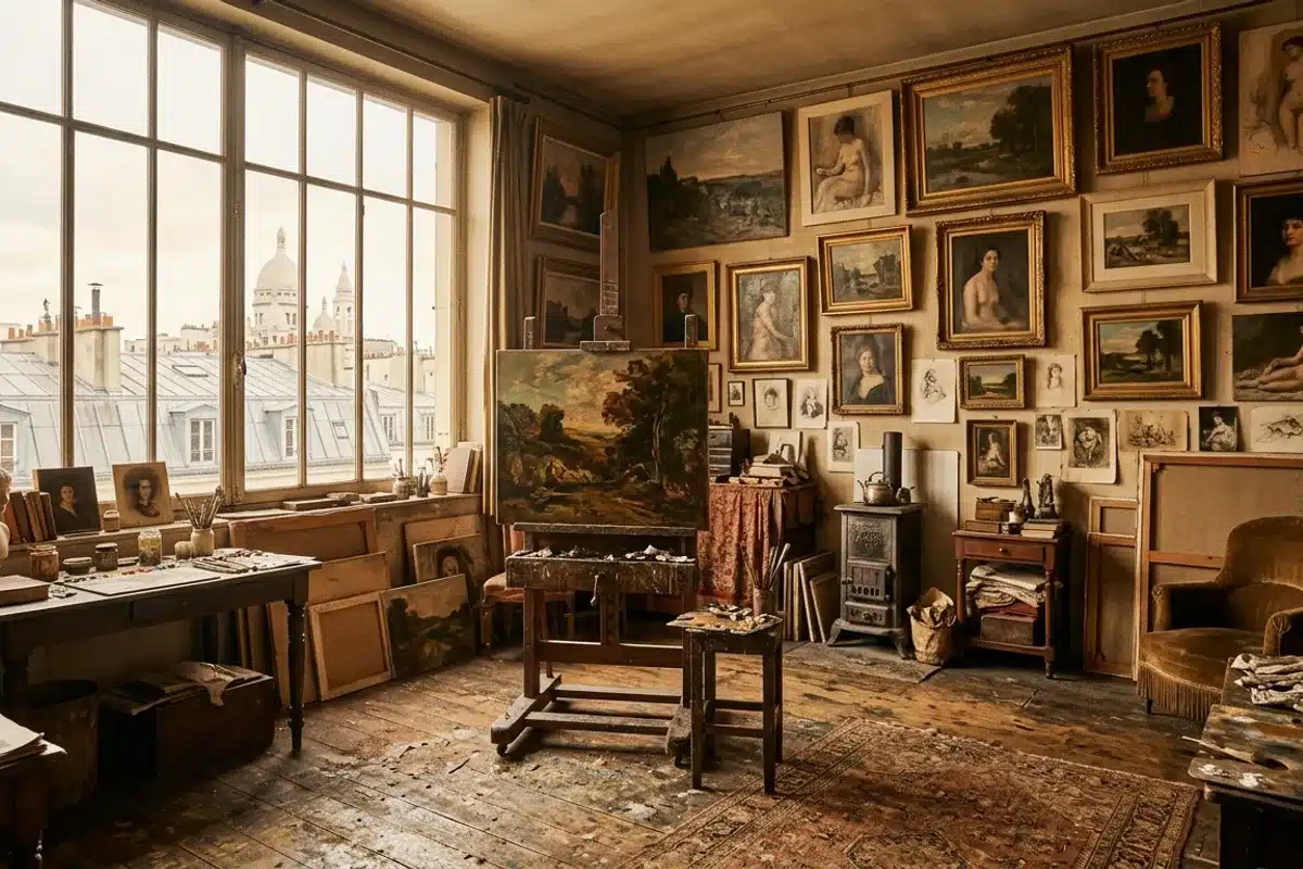 Atelier d'artiste à Montmartre, Belle Époque Atelier de peintre à Montmartre au style Belle Époque, avec chevalet et tableaux sur les murs
