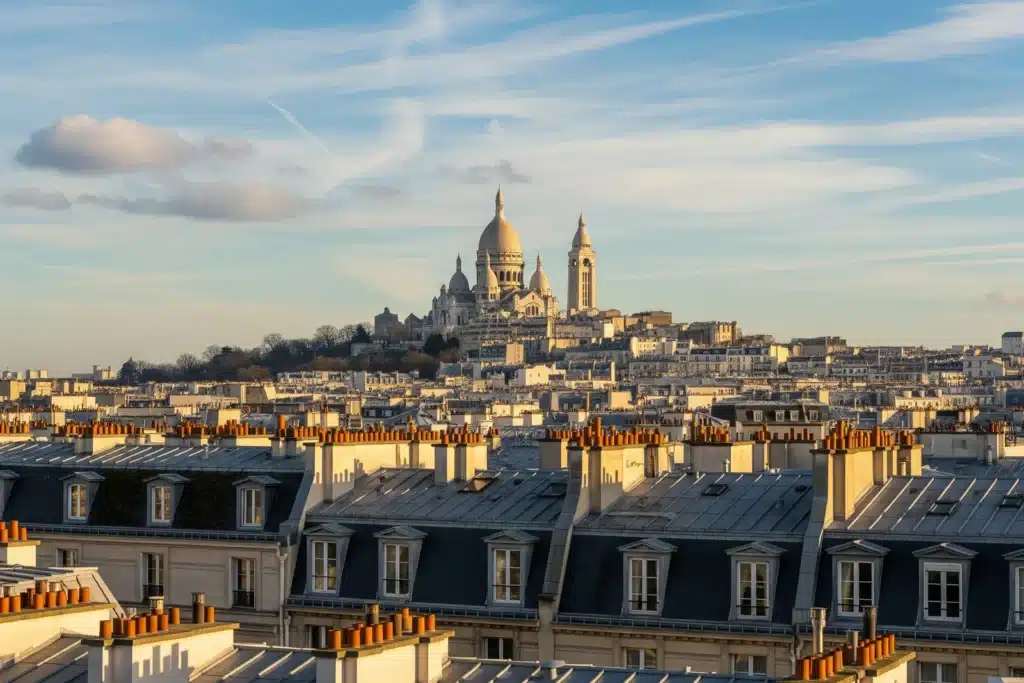 Vue panoramique de la butte Montmartre avec la basilique du Sacré-Coeur, depuis les toits de Paris
