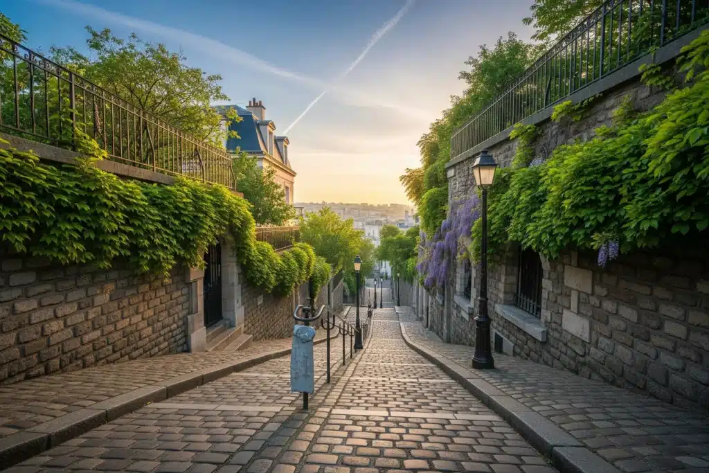 Vue panoramique de Montmartre et de la basilique du Sacré-Coeur depuis les escaliers de la butte