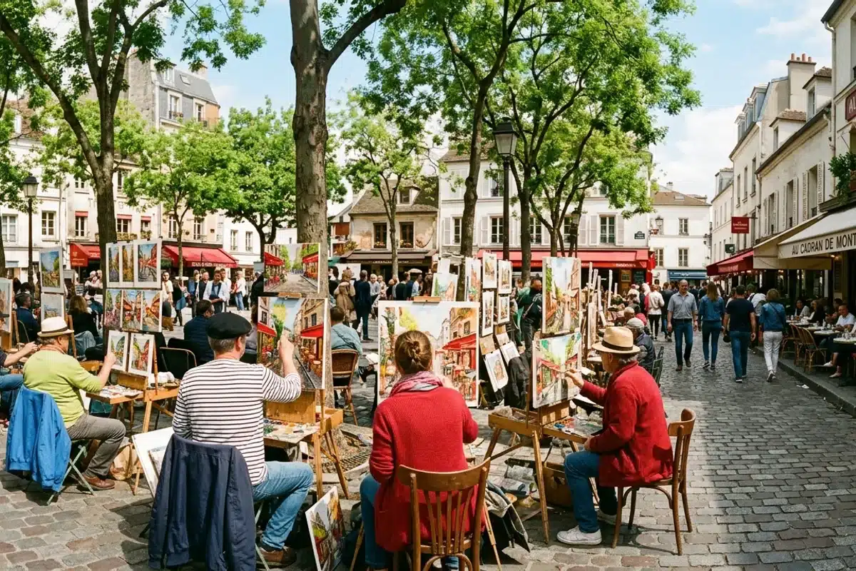 Place du Tertre, peintres au travail à Montmartre Peintres installés avec leurs chevalets sur la Place du Tertre à Montmartre, Paris