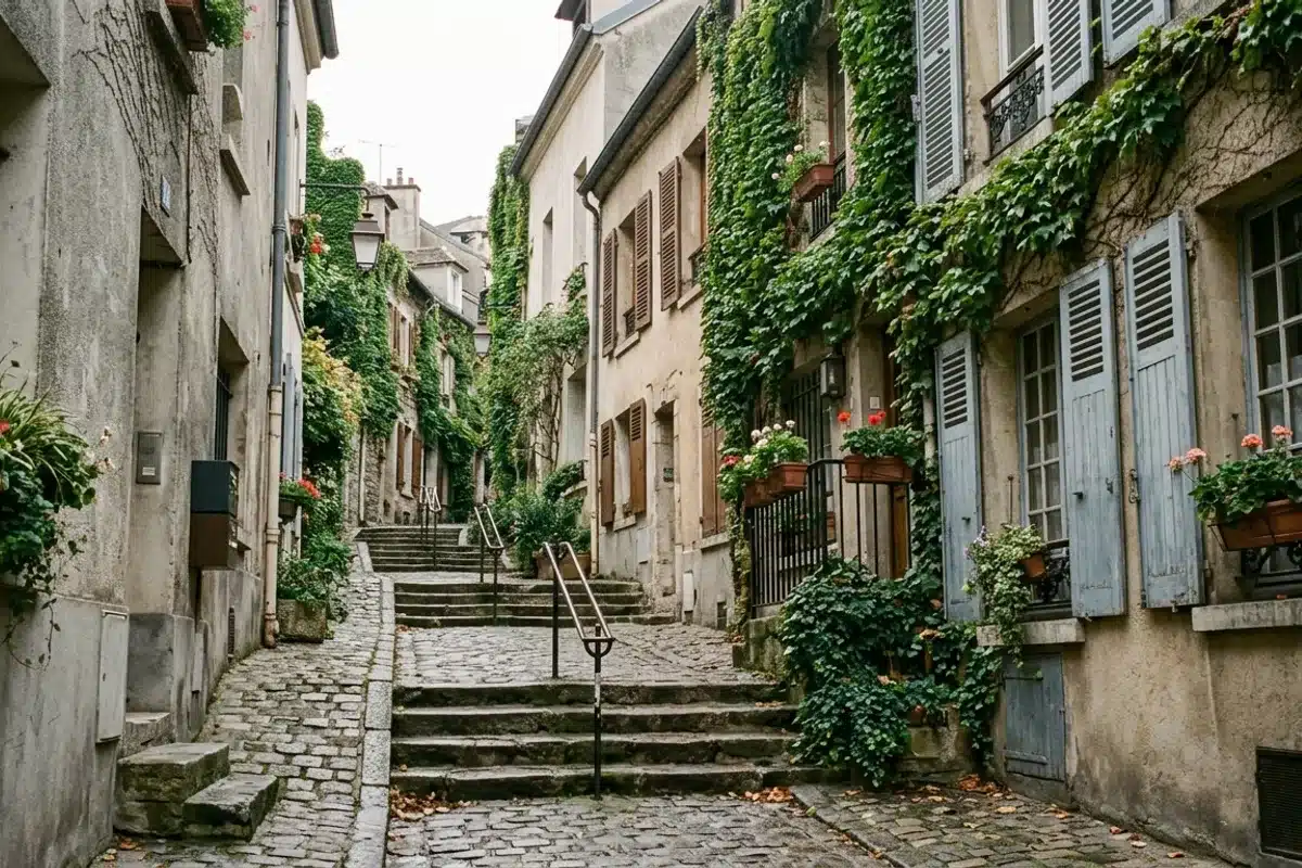 Ruelle pavée du village de Montmartre Ruelle pavée avec escaliers de pierre dans le village de Montmartre, Paris