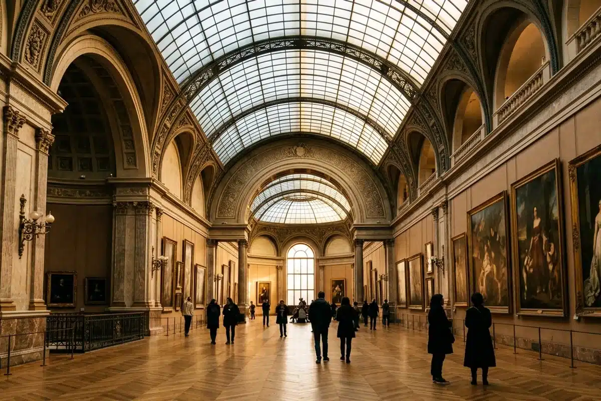Grande galerie de musée parisien sous une voûte en verre Grande galerie de musée parisien avec voûte vitrée, visiteurs marchant entre les peintures accrochées aux murs