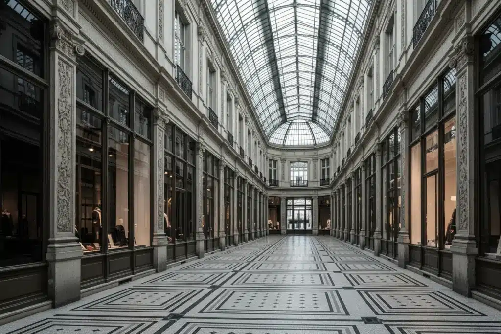 Passages couverts de Paris : intérieur d'une galerie à verrière XIXe siècle