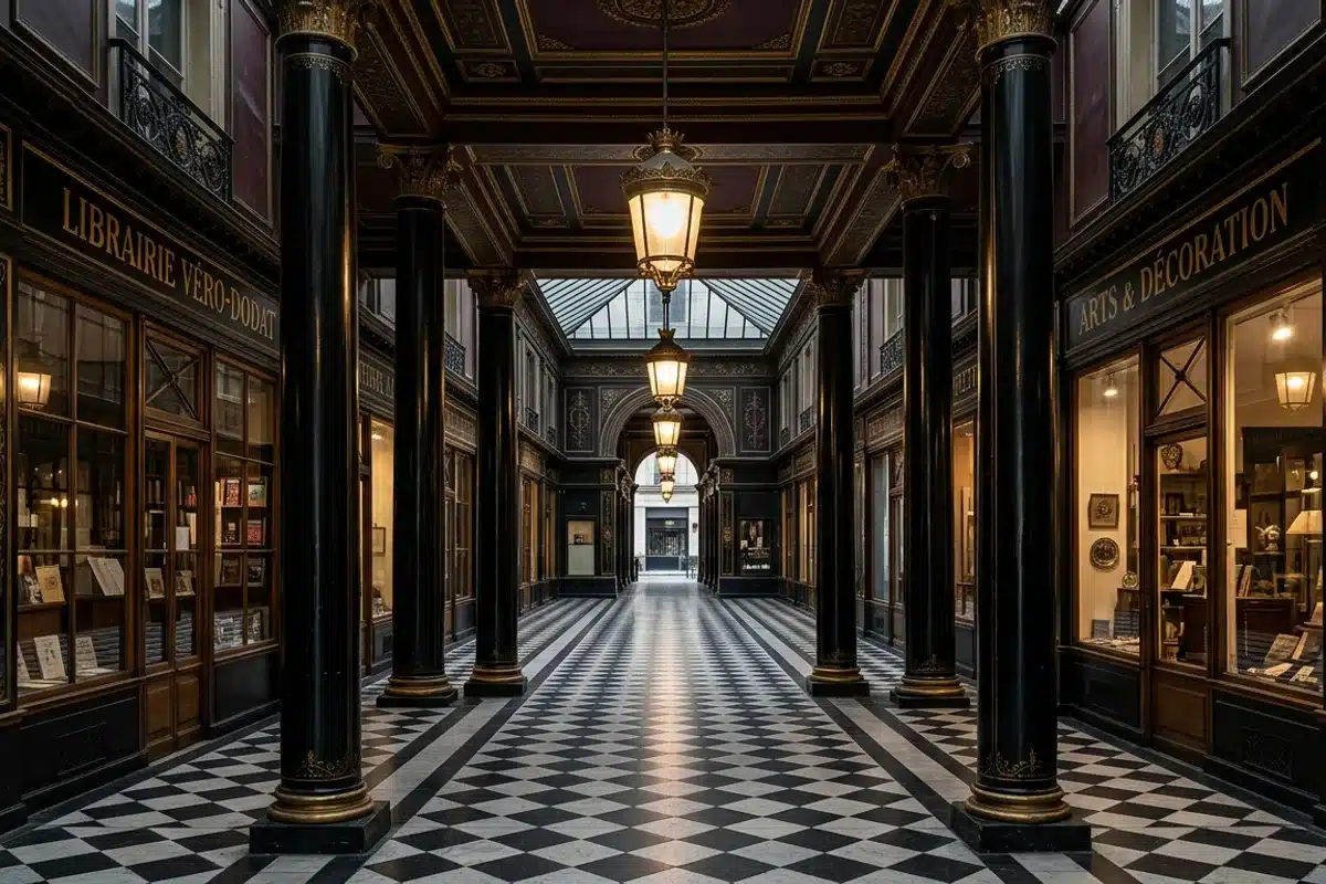 Galerie Véro-Dodat : intérieur avec colonnes noires et lanternes dorées