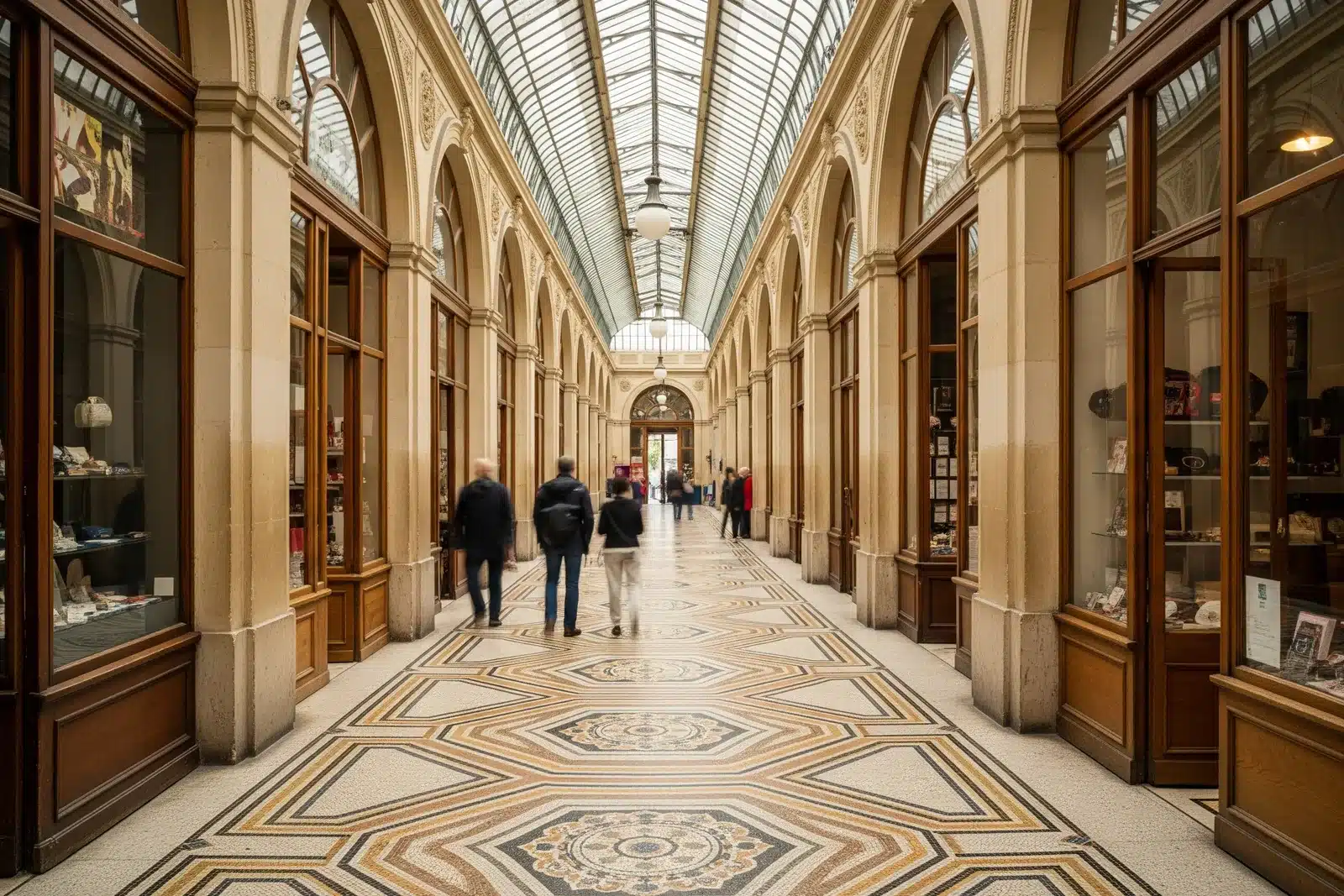 Intérieur de la galerie Vivienne à Paris : verrière, sol en mosaïque et boutiques anciennes