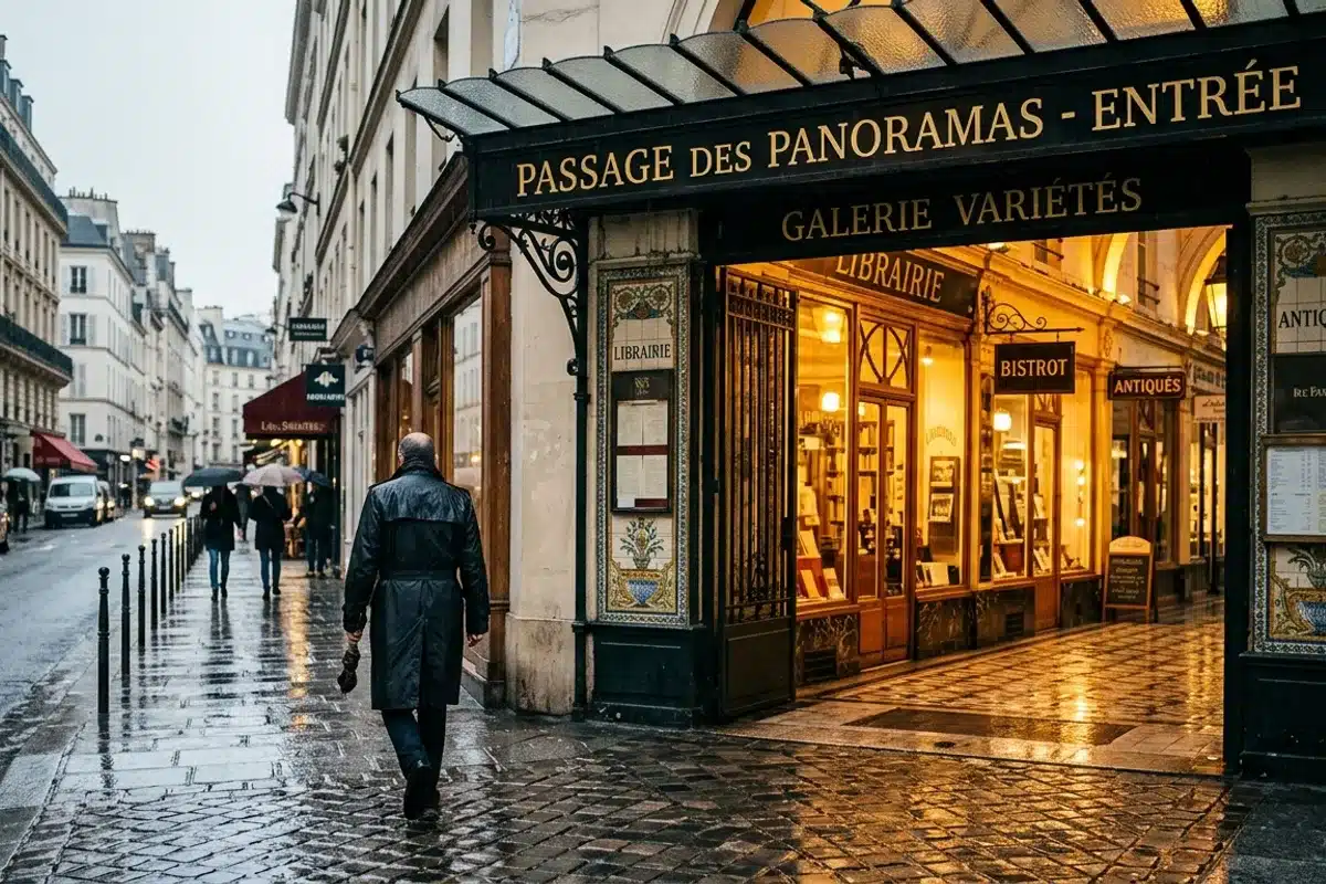 Entrée lumineuse d'un passage couvert de Paris depuis une rue pluvieuse