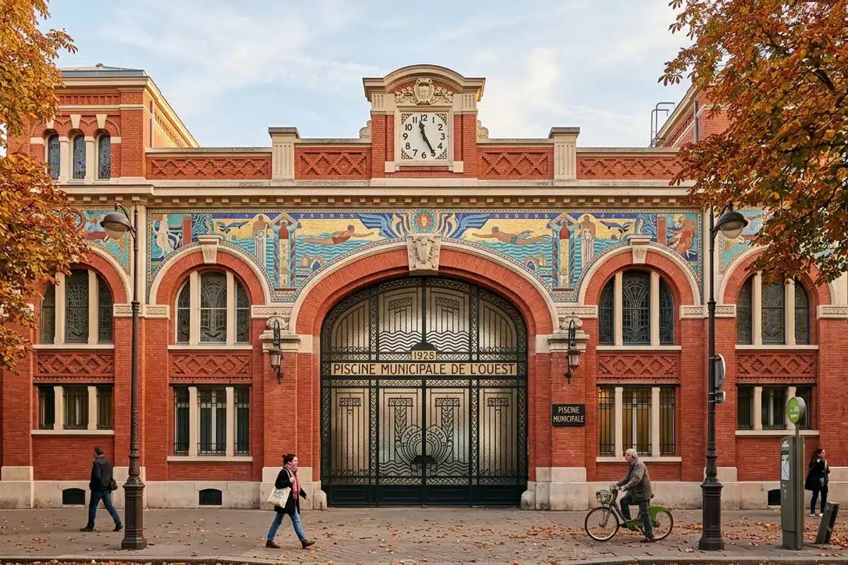 Piscine de la Butte aux Cailles, joyau Art déco du 13e arrondissement Façade Art déco en briques rouges de la piscine de la Butte aux Cailles, place Paul Verlaine