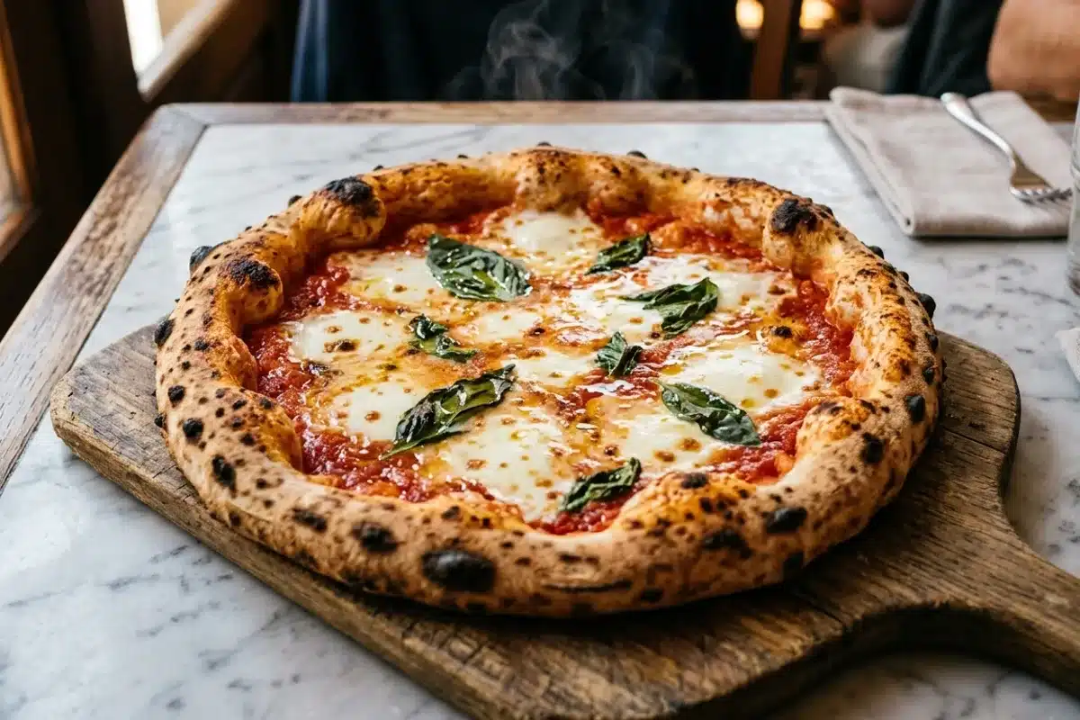 Pizza napolitaine margherita dans un restaurant parisien Pizza napolitaine margherita fumante servie sur une planche en bois dans un restaurant parisien