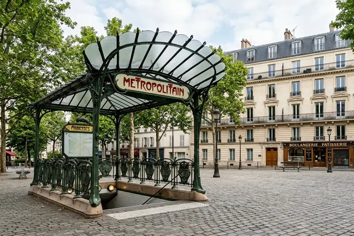 Entrée de la station de métro Abbesses avec son kiosque Art Nouveau, place des Abbesses à Montmartre