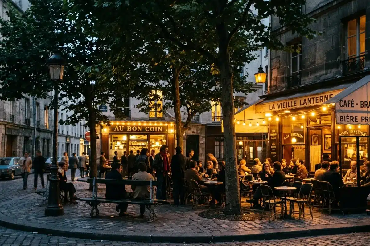 Place de la Commune de Paris, coeur social de la Butte aux Cailles le soir Terrasses animées au crépuscule sur la place de la Commune de Paris, Butte aux Cailles
