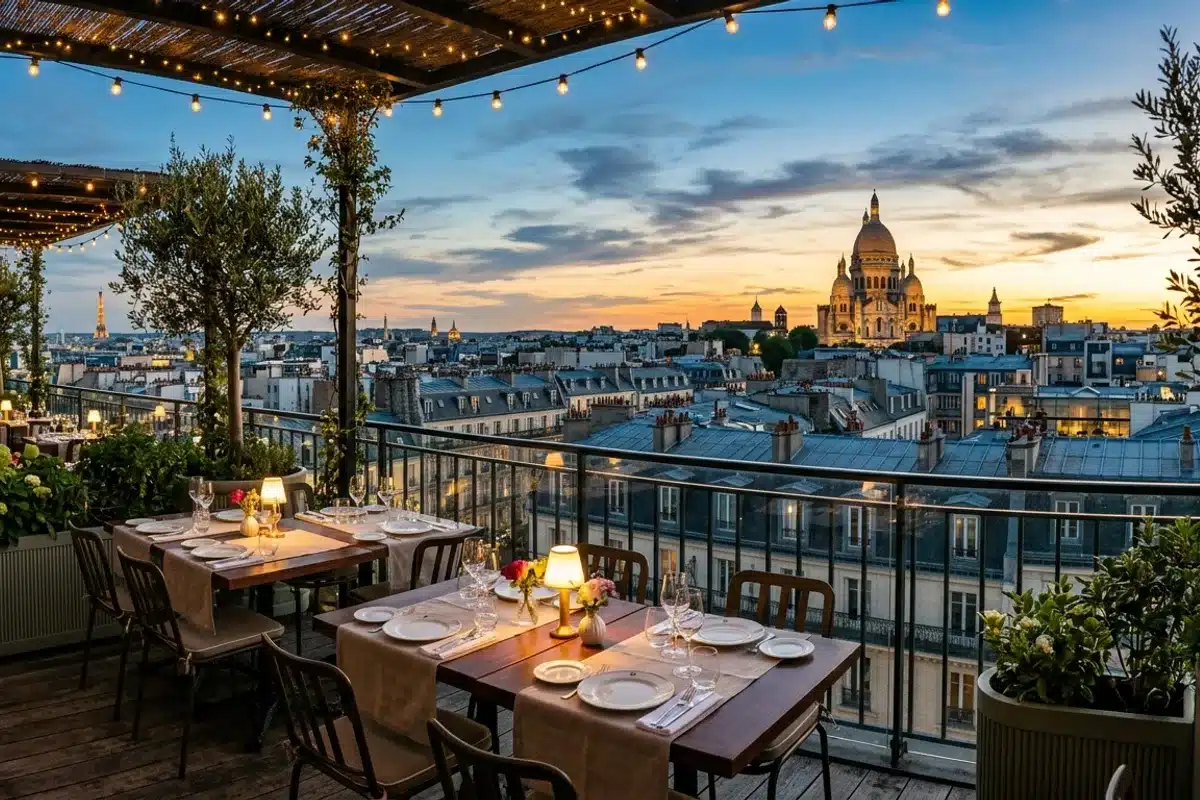 Terrasse de restaurant en rooftop avec tables dressées et vue sur les toits de Paris au coucher du soleil