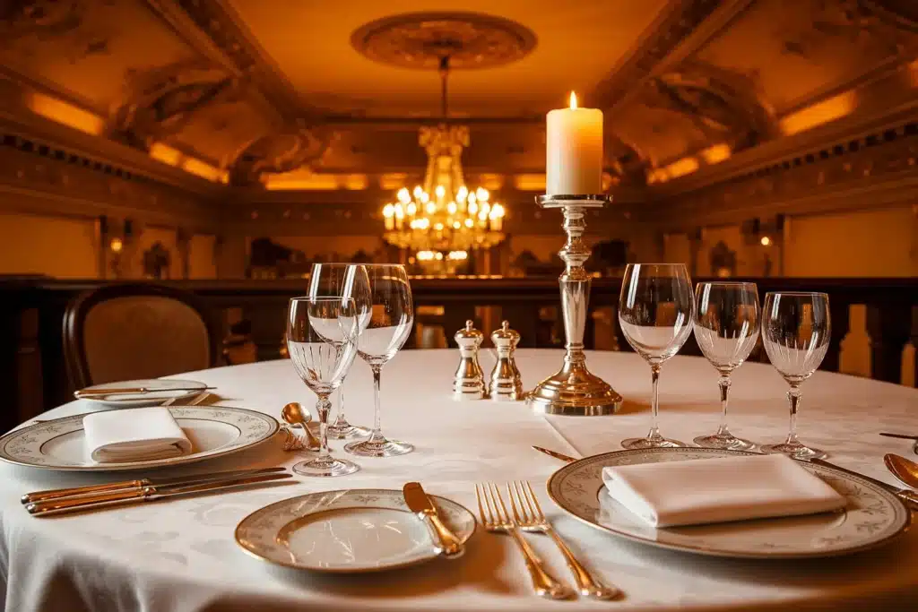 Table dressée dans un restaurant gastronomique parisien, nappe blanche et argenterie
