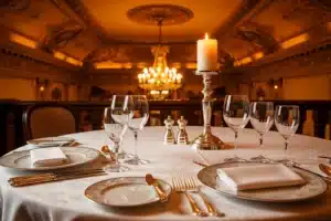 Table dressée dans un restaurant gastronomique parisien, nappe blanche et argenterie