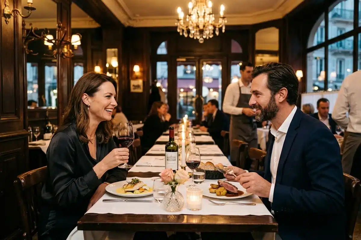 Couple attablé dans un restaurant gastronomique parisien pour un dîner romantique
