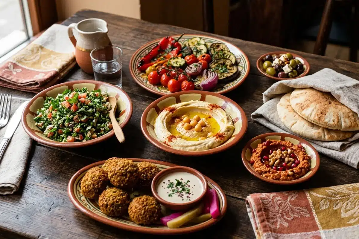 Plateau de mezze libanais avec houmous, taboulé et falafels dans un restaurant halal à Paris