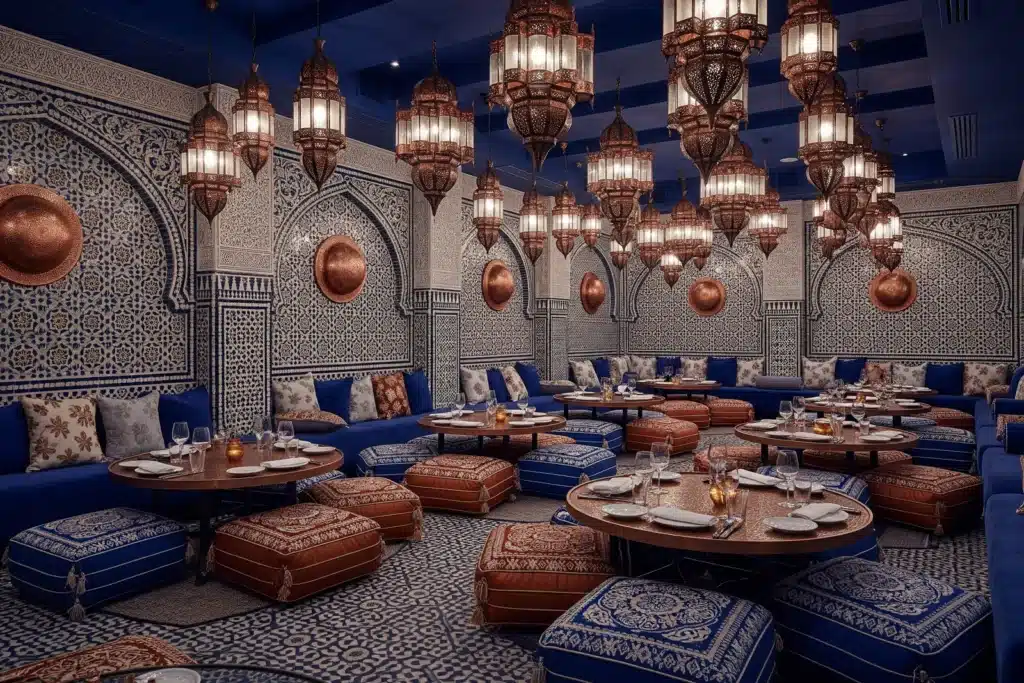 Salle d'un restaurant halal à Paris avec carreaux de zellige bleu et blanc et lanternes en cuivre