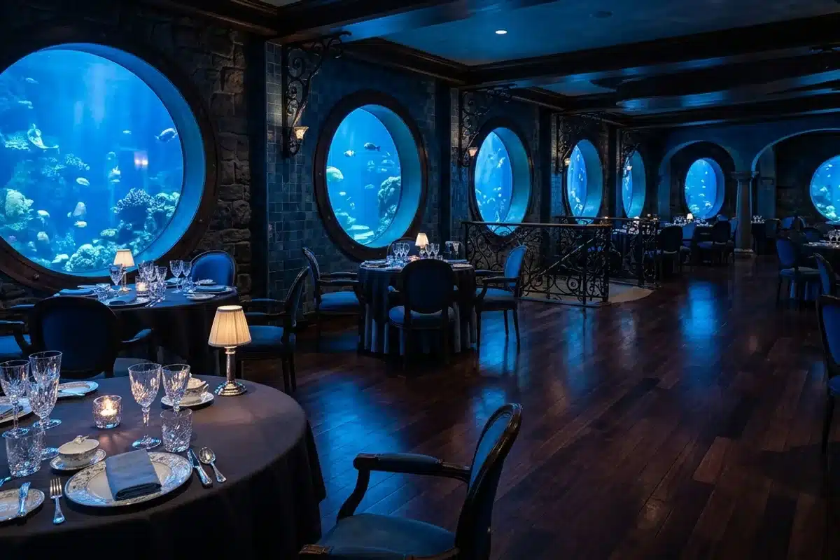 Intérieur d'un restaurant immersif à Paris avec décor aquatique et lumières bleues