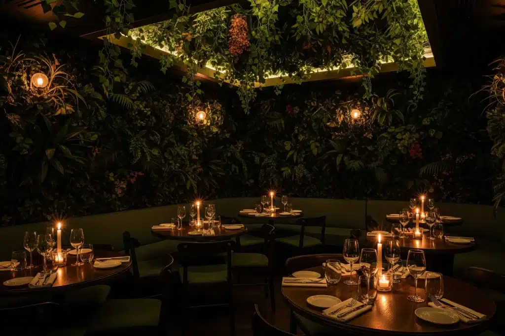 Salle de restaurant insolite à Paris au décor végétal luxuriant et lumière tamisée