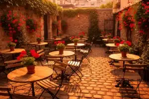 Terrasse d'un restaurant à Montmartre, cour pavée avec tables bistrot et géraniums rouges, lumière chaude