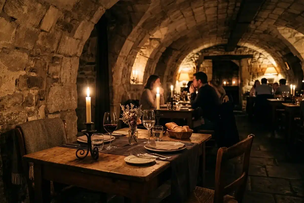 Cave voûtée romantique à Paris Intérieur d'un restaurant parisien dans une cave voûtée en pierre, table intime avec bougies allumées