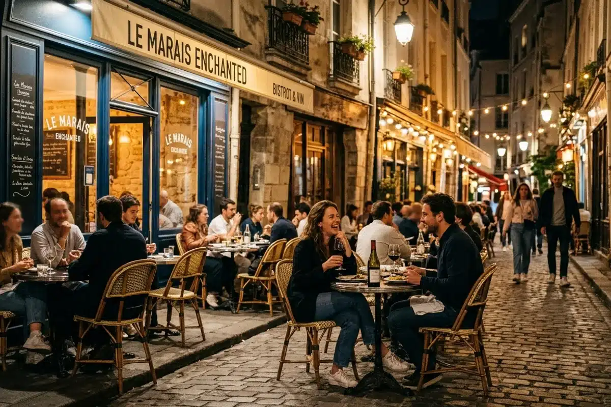 Bistrot romantique dans le Marais Terrasse d'un bistrot parisien le soir dans une ruelle pavée du Marais, lumières chaudes et ambiance intimiste