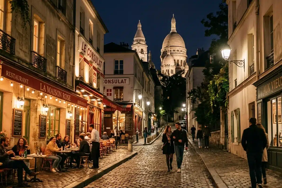 Restaurant romantique à Montmartre Rue de Montmartre la nuit avec vue sur le Sacré-Coeur, restaurants illuminés et pavés luisants