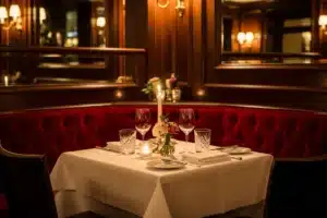 Table dressée pour deux dans un restaurant romantique parisien, lumière de bougies et décor élégant en bois sombre