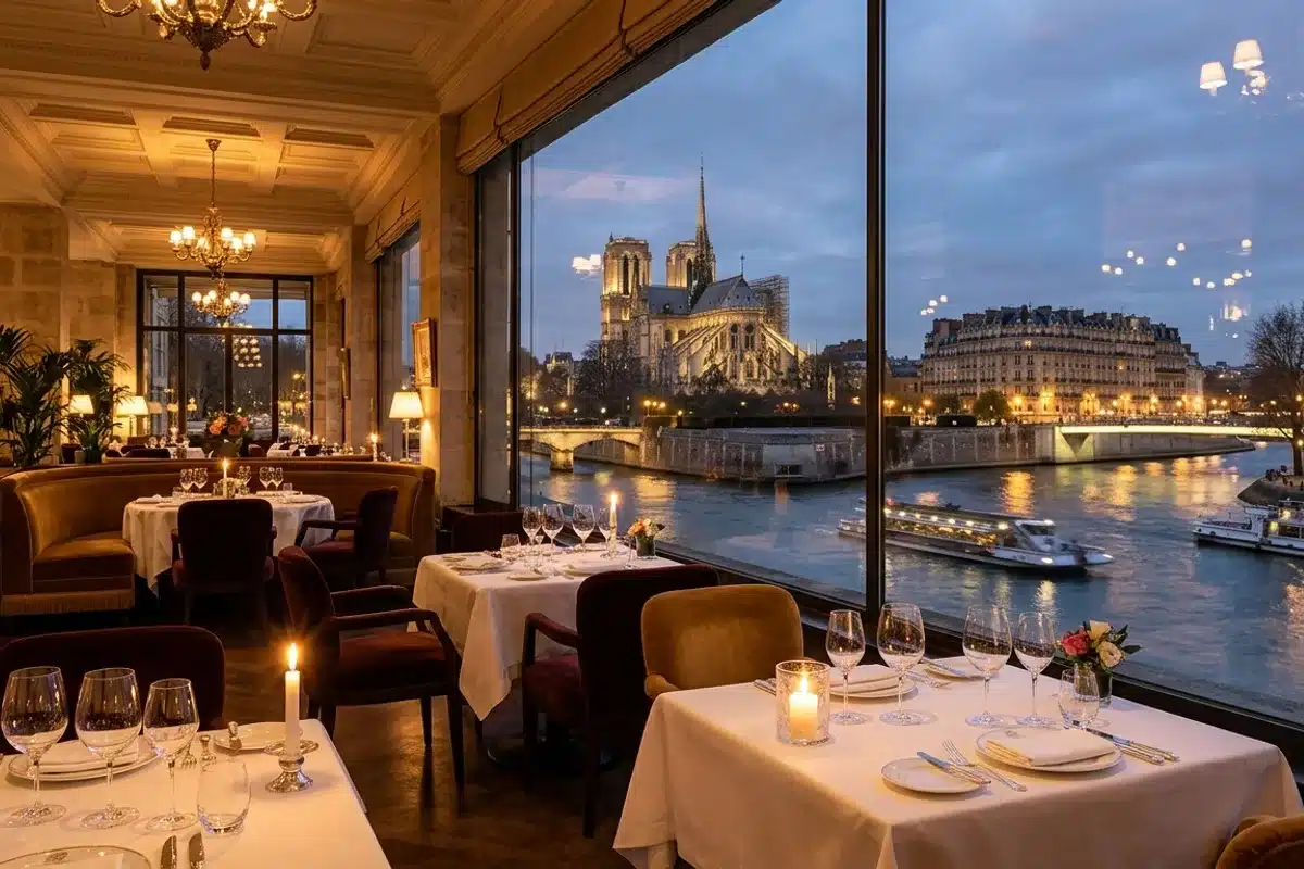 Restaurant parisien avec vue sur la Seine et Notre-Dame Intérieur de restaurant élégant à Paris avec vue panoramique sur la Seine et Notre-Dame de nuit