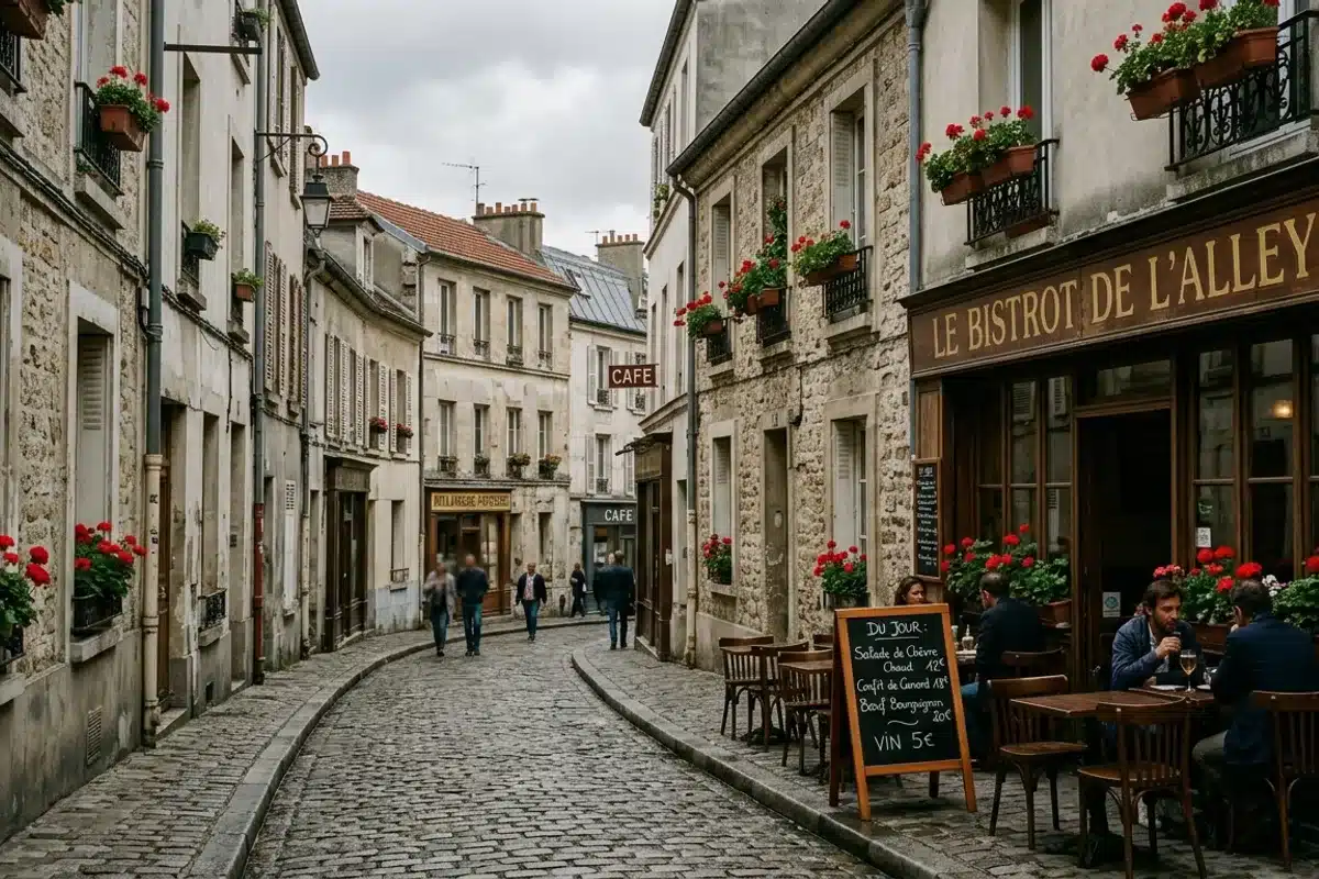 Rue des Cinq-Diamants, coeur animé de la Butte aux Cailles Ruelle de la Butte aux Cailles avec terrasse de bistrot et maisons ouvrières en brique