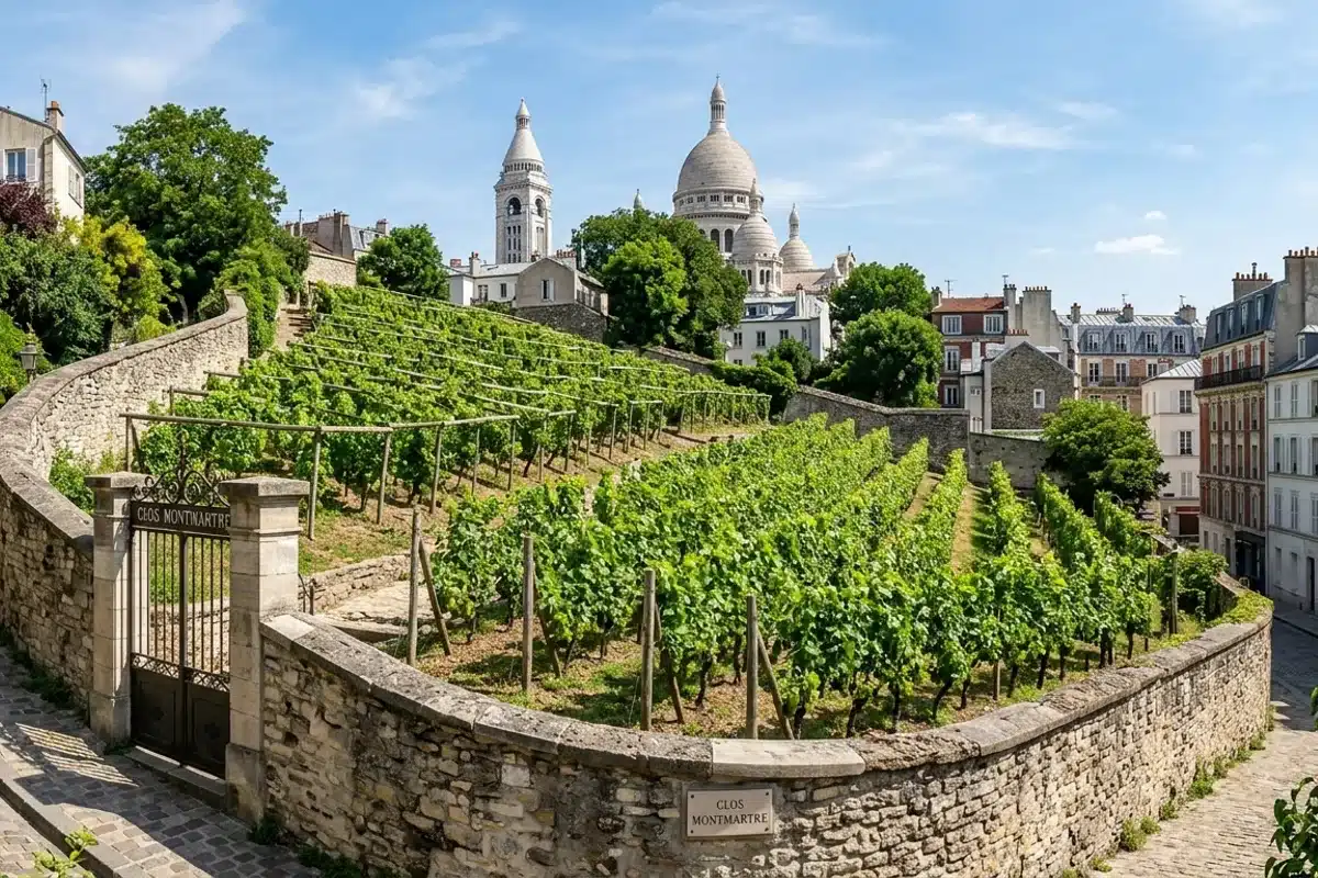 Escaliers de la butte Montmartre menant à la basilique du Sacré-Coeur sous un ciel bleu