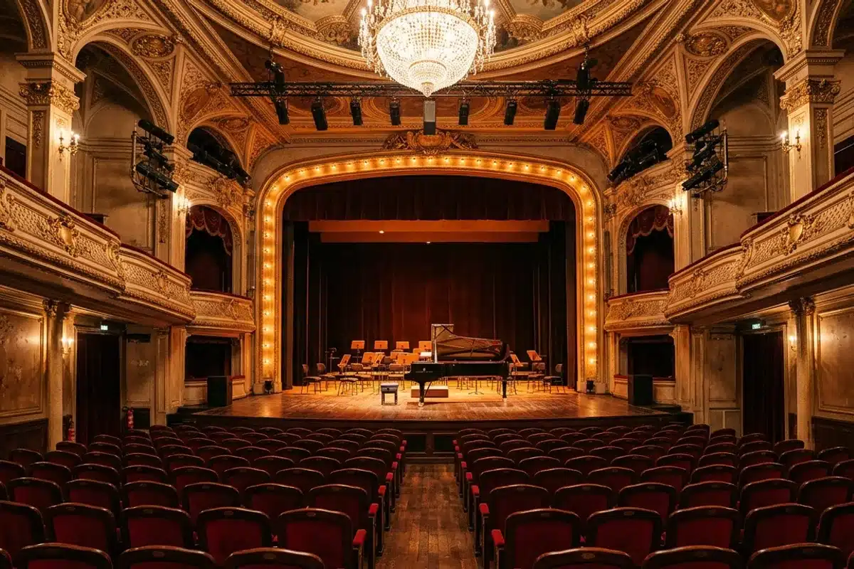 Salle de concert parisienne aux fauteuils rouge velours Salle de concert vide avec rangées de fauteuils bordeaux, scène éclairée et piano à queue, balcons ornementés