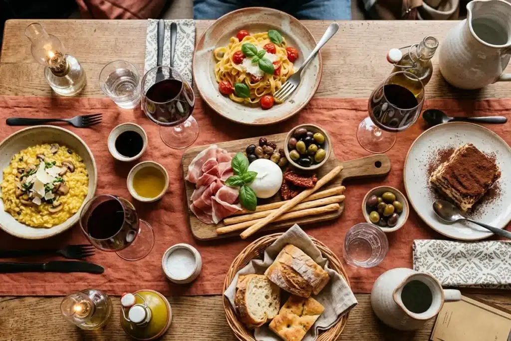Table italienne dressée à Paris avec tagliatelles, antipasti, risotto et tiramisu