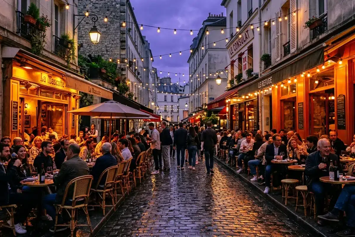 Terrasses de restaurants à Montmartre le soir Rue animée de Montmartre avec terrasses de restaurants illuminées en soirée, pavés et lumières orangées