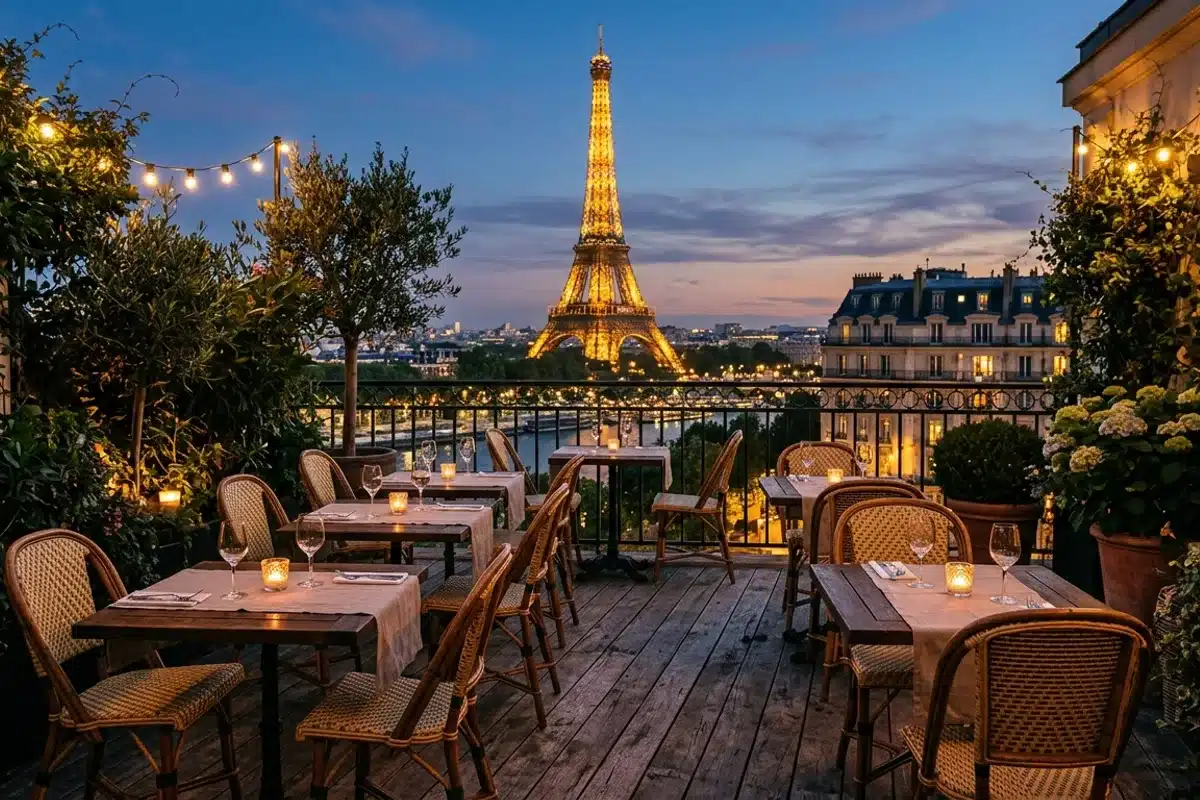 Terrasse de restaurant avec vue sur la Tour Eiffel à Paris Terrasse de restaurant parisien au crépuscule avec vue directe sur la Tour Eiffel éclairée