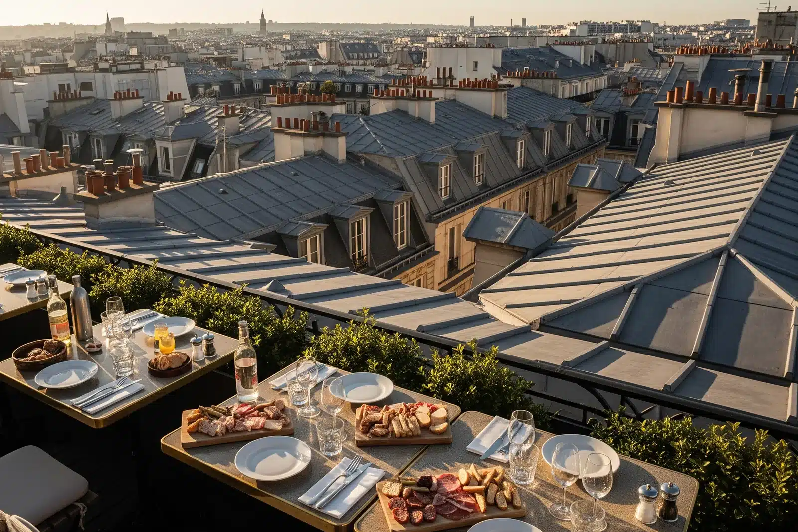 Terrasse en rooftop dressée pour l'apéritif avec vue sur les toits en zinc de Paris