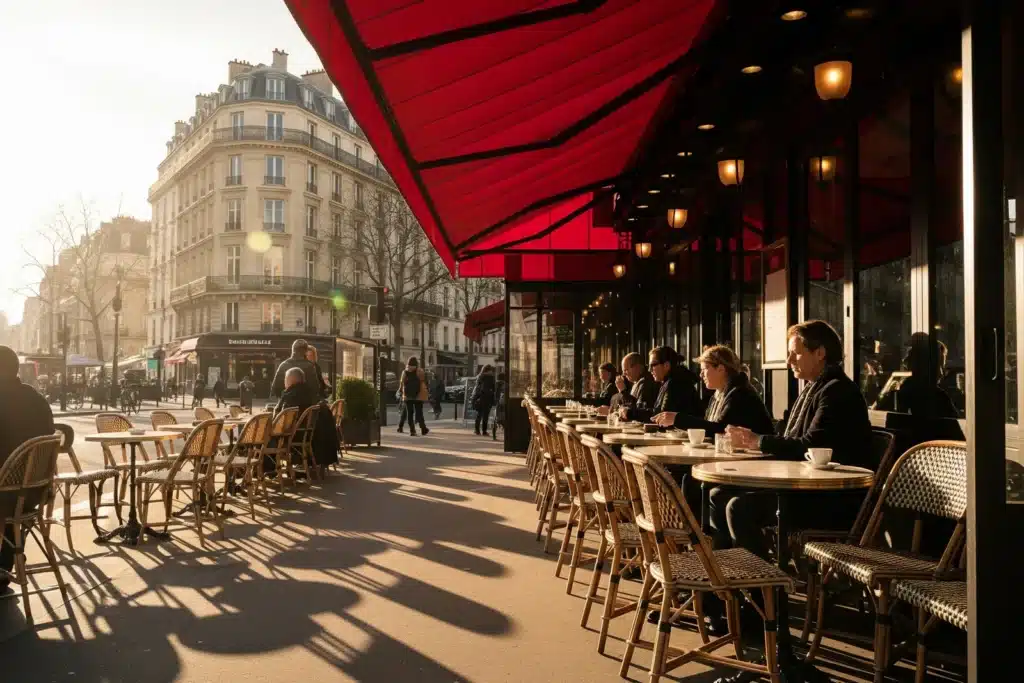 Terrasse ensoleillée d'un café parisien avec chaises en rotin et store rouge