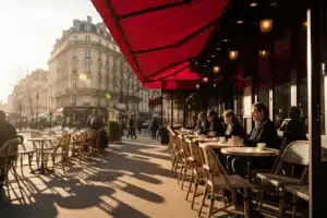 Terrasse ensoleillée d'un café parisien avec chaises en rotin et store rouge