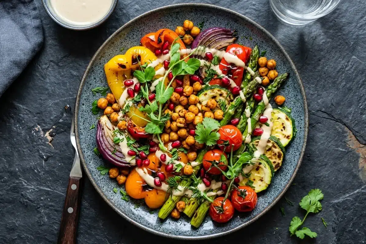 Assiette végane colorée vue de dessus avec légumes grillés, micro-pousses et graines, présentation soignée