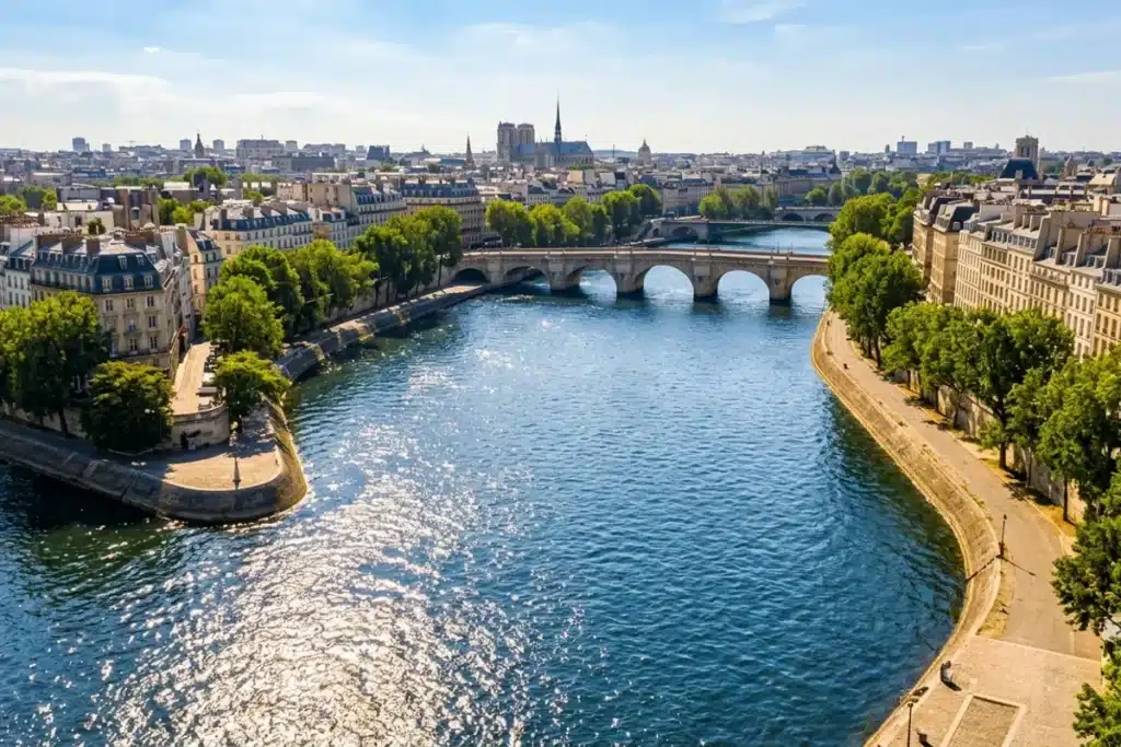 Vue sur la Seine à Paris en été, baignade dans le fleuve, lumière dorée