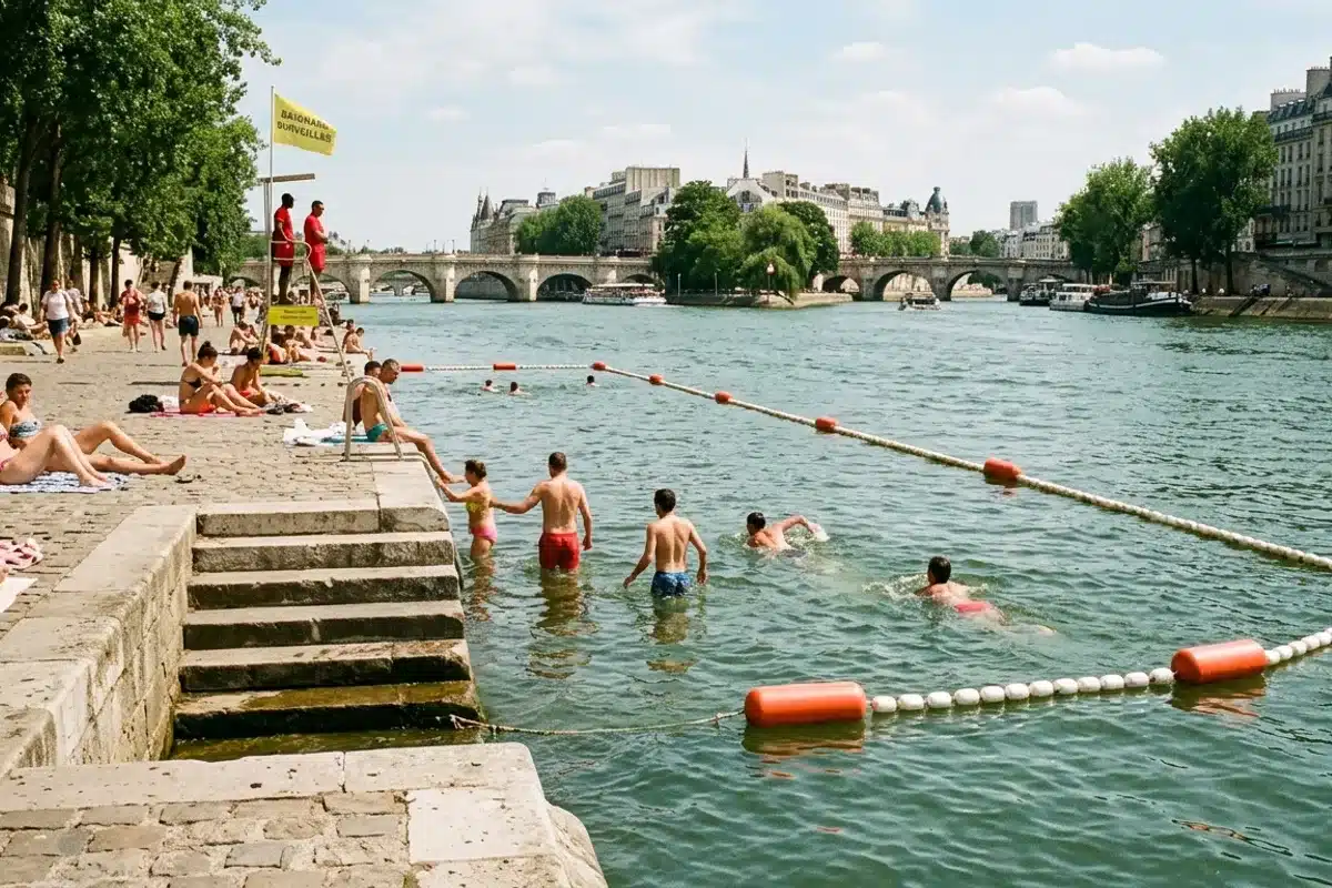 Baignade surveillée dans la Seine à Paris, nageurs dans l'eau et maîtres-nageurs sur les berges