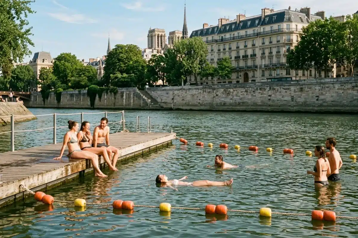 Site de baignade dans la Seine à Paris Baigneurs sur un site de baignade aménagé sur la Seine à Paris, ponton et bouées, ville en arrière-plan